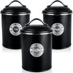 Set of 3 Storage Jars, 1 Litre Storage Container for Tea, Coffee & Sugar, Storage Containers, Metal