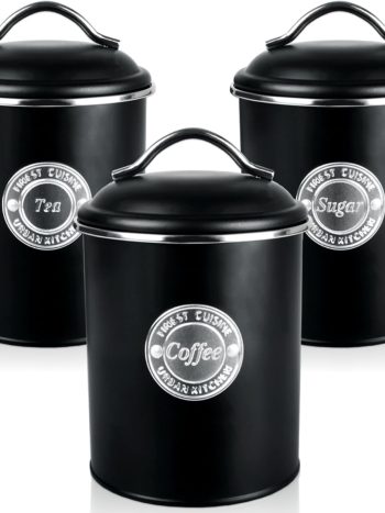 Set of 3 Storage Jars, 1 Litre Storage Container for Tea, Coffee & Sugar, Storage Containers, Metal
