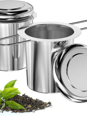 Pack of 2 Tea Strainer for Loose Tea, Tea Filter, 304 Stainless Steel with Foldable Handle and Lid, Reusable Tea Strainer, Fine Mesh Tea Infuser, Tea Strainer for Most Tea Cups, Tea Bowls