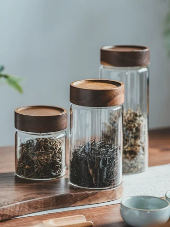 Set of 3 Glass Tea Storage Jars with Wooden Lids – Food-Grade Sealed Containers for Tea, Coffee, Spices, Snacks, and Dry Goods