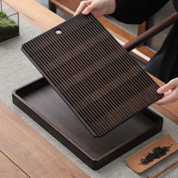 Bamboo Tea Tray with Water Drainage – Rectangular Wooden Gongfu Tea Table for Home or Office