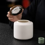 Ceramic Tea Canister with Wooden Lid, Airtight Porcelain Storage Jar for Tea, Coffee, Spices, and Dry Goods
